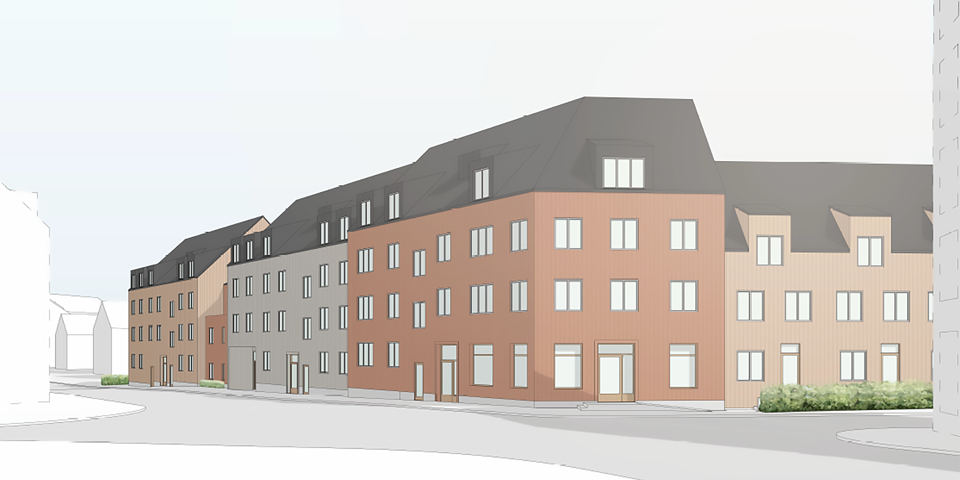 Illustration av de ihopsatta  två till tre våningar höga bostadhusen. 