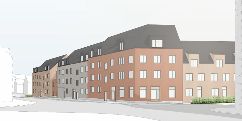 Illustration av de ihopsatta  två till tre våningar höga bostadhusen. 