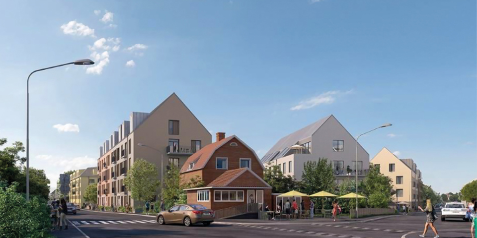 Flerbostadshus sedda från korsningen Sjättenovembervägen/Johan Skyttes väg. Omgivet av mindre bostadshus och ett café, människor och biltrafik. Illustration