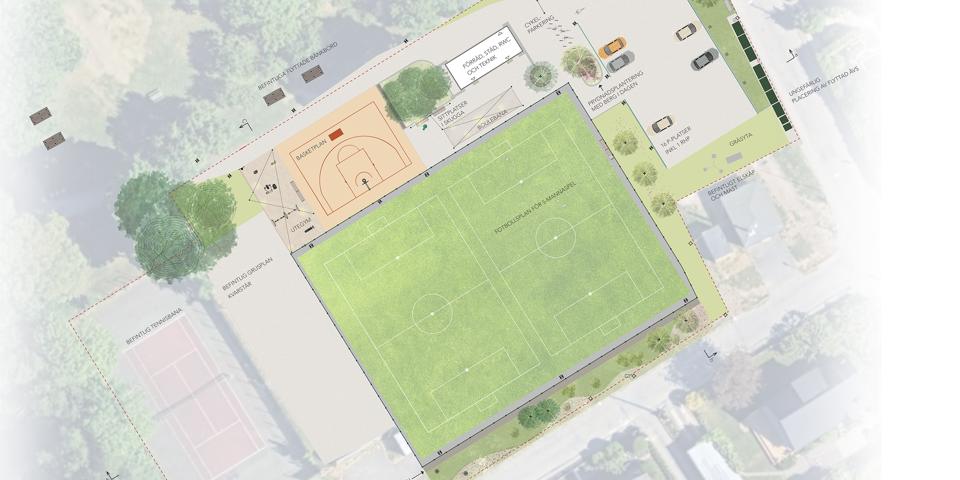 Illustration över bollplanen ytor med 5-spelsplaner, utegym, parkering och toalettbyggnad.