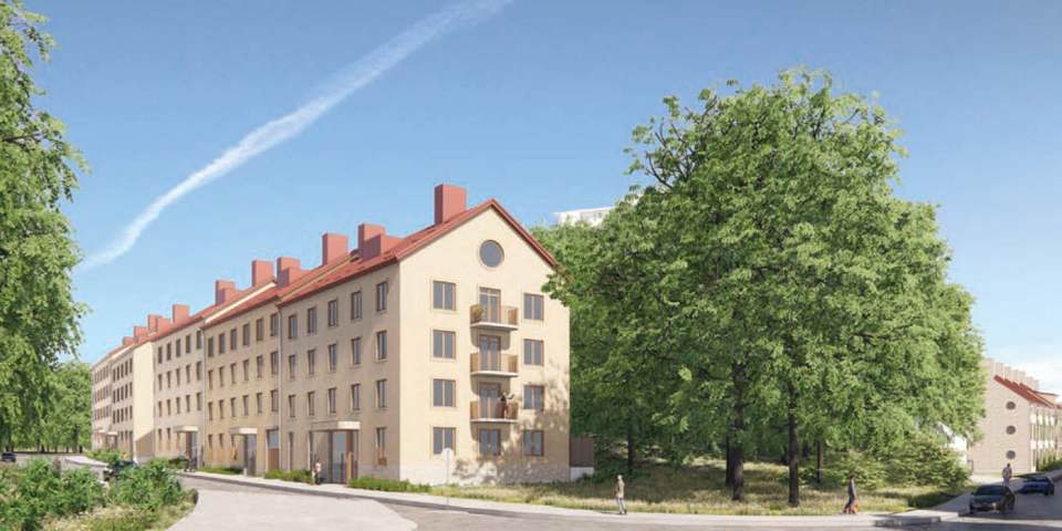 En rad med ljusgula bostadshus i fem våningar med tegelrött tak