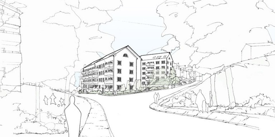 Vy mot flerbostadshus vid gångväg, illustration.