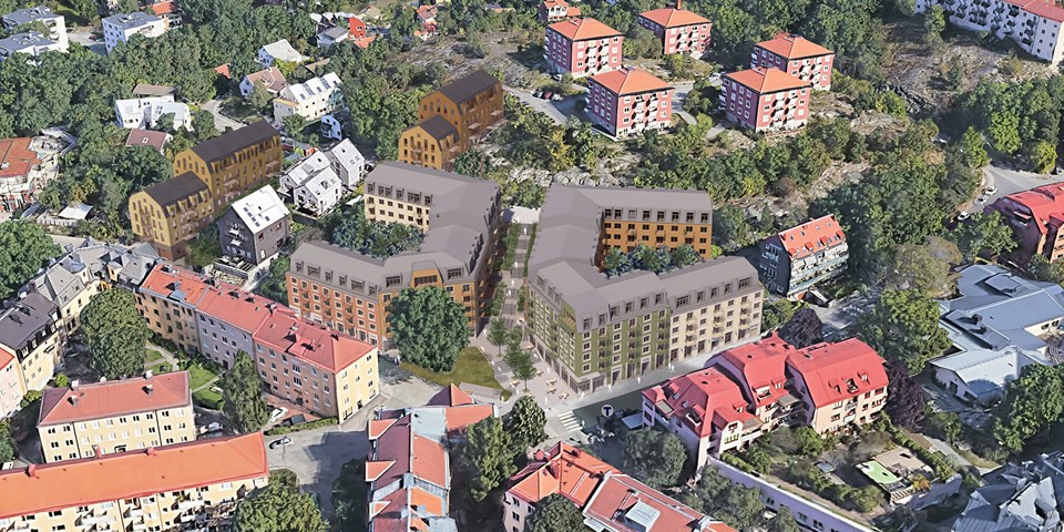 Flygbild över området runt Aspuddens tunnelbanestation. De planerade bostadshusen syns längs Schlytervägen och Erik Segersälls väg. Illustration