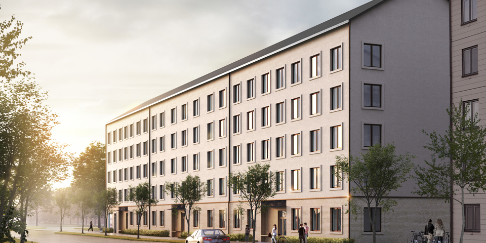 Ett avlångt lamellhus med fyra våningar. Planterade lövträd längs gatan framför huset. Människor i rörelse. Illustration.