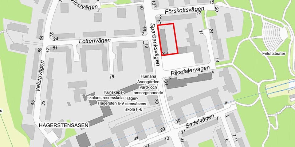 Karta som visar planområdets läge markerat med röd linje.