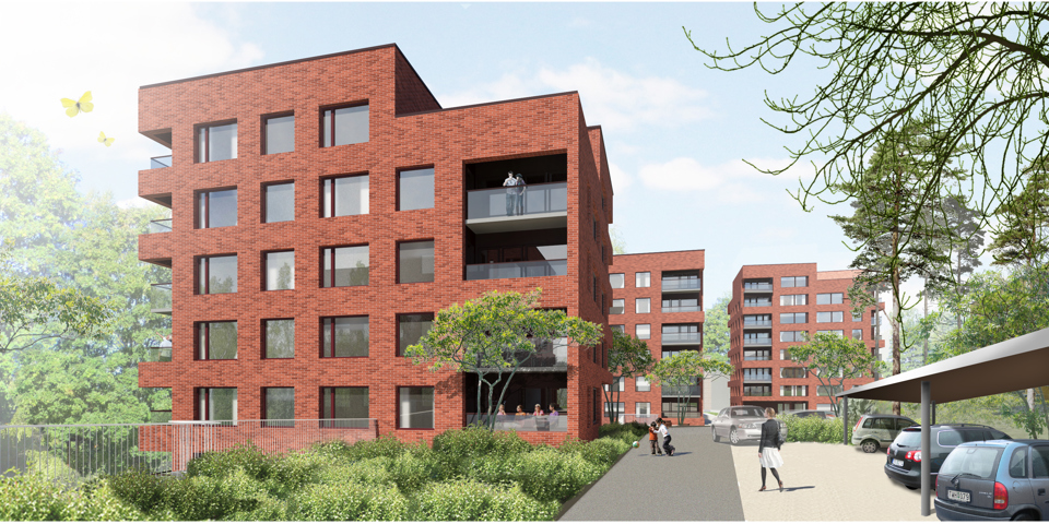 Fem våningar hög bostadshus med tegelfasad, i bakgrunden syns två likadana hus. Framför husen en gångväg och parkeringsytor. Människor i rörelse, illustration.