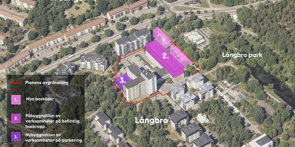 Vy över området med planens avgränsning markerat med röd linje. Inom planområdet syns flerbostadshus och lokalfastigheter, med en parkeringsyta emellan, illustration.