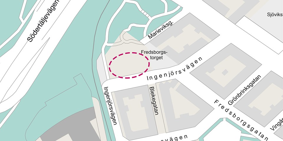 Karta som ringar in platsen för tillfälliga parken vid ingenjörsvägen.