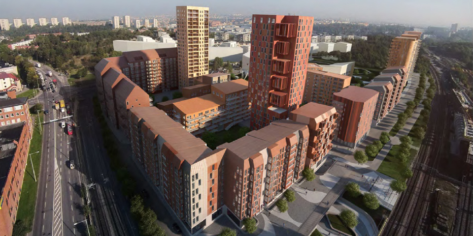 Vy över stort nybyggt bostadsområde, sett uppifrån, illustration.