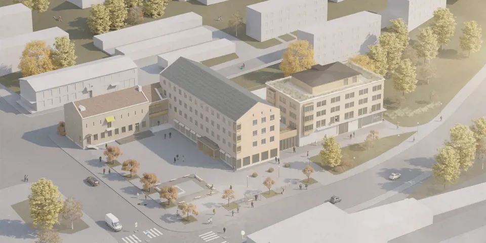 Visionsbild i flygvy över förslaget. I förgrund syns tunnelbanebyggnaden i ljusgrått. bakom syns torget och de befintliga byggnaderna vid Midsommargården med föreslagna byggnader tillagda.