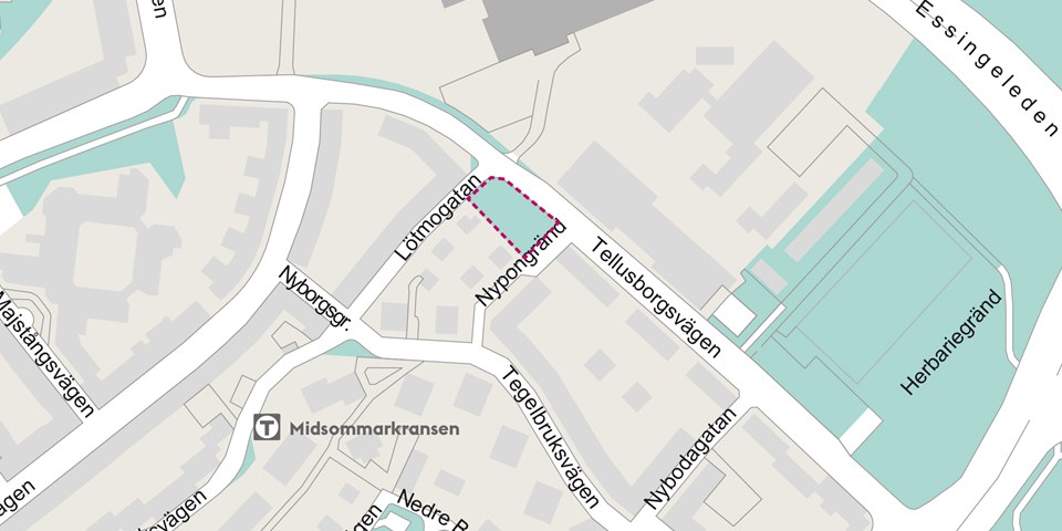 Karta över Midsommarkransen. Ett område vid Tellusborgsvägen, där bostadshus planeras, är rödmarkerat.