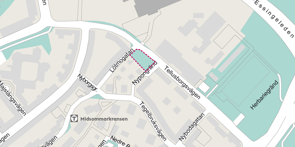 Karta över Midsommarkransen. Ett område vid Tellusborgsvägen, där bostadshus planeras, är rödmarkerat.