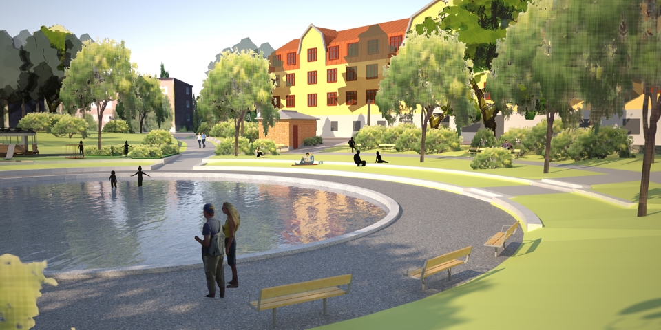Rund plaskdamm´omgiven av asfalterad rundel med parkbänkar. Gräsmatta, träd och byggnader runt om, människori rörelse, illustration.