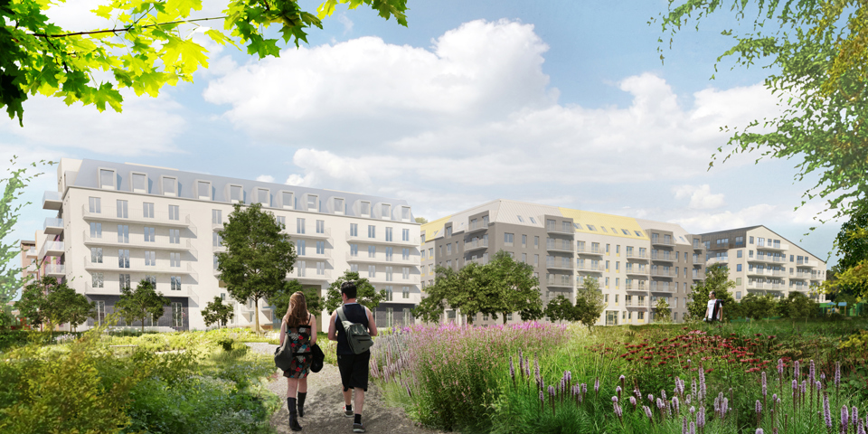 Två personer gående i grönområde, i bakgrunden syns flerbostadshus, illustration.