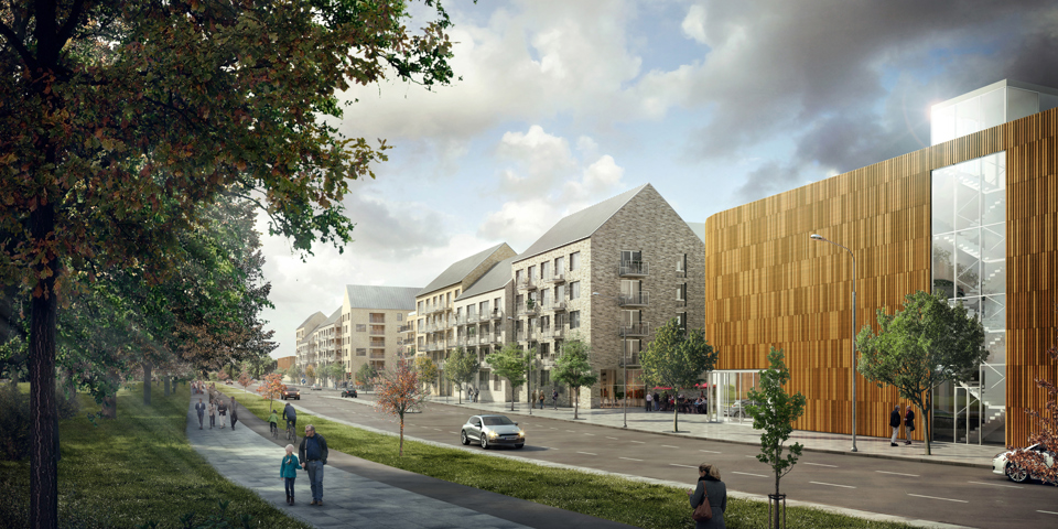 Flerbostadshus och hus med träfasad längs med bilväg, människor och bilar i rörelse, illustration.