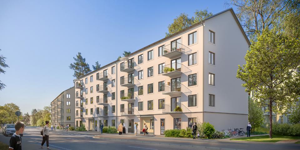 Ljust flervåningshus intill väg. Grönska runtomkring och barn i förgrunden, illustration.
