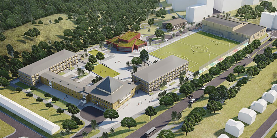 Skola, förskola, fotbollsplan, idrottshallar och skog. Visionsbild.