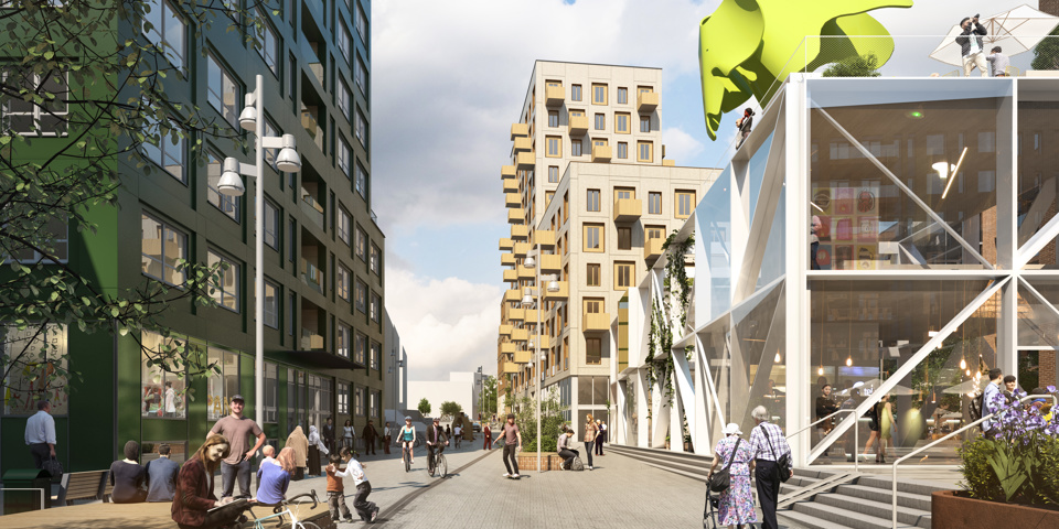 Gågata med bostadshus och verksamheter vid sidan om, människor i rörelse, illustration.