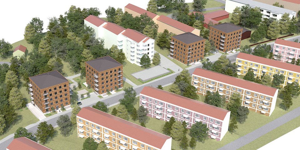 Flygvy över flerbostadshus och grönstråk. Fyra punkthus i brunt och andra flerbostadshus. Grönområde. Illustration