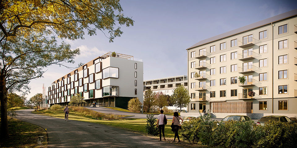 Gångväg längs med två bostadshus. Människor i rörelse på gångvägen. Illustration
