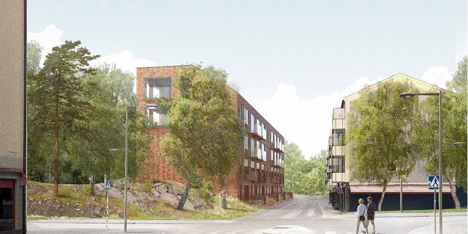 Två flerbostadshus vid en vägkorsning. Ett tegelhus till vänster och ett hus med ljus fasad till höger. Illustration