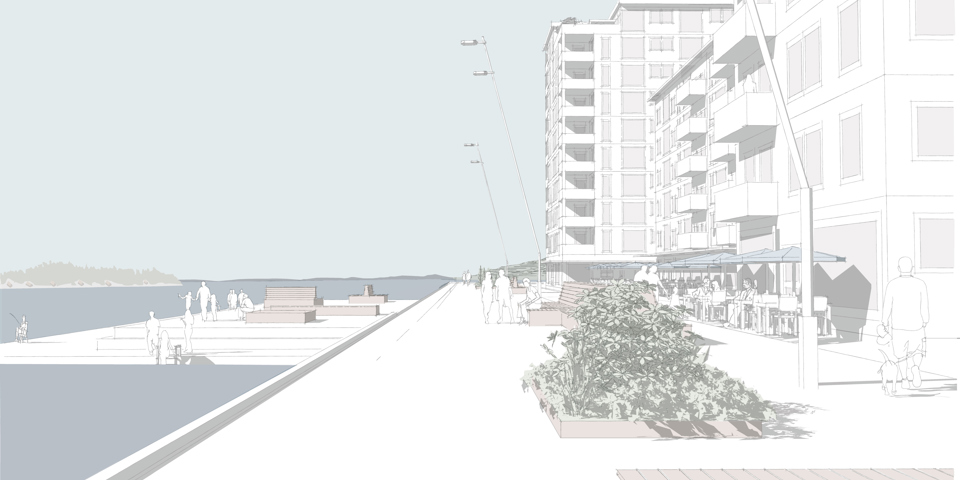 Flerbostadshus invid kaj med brygga. Människor som umgås och promenerar, illustration.