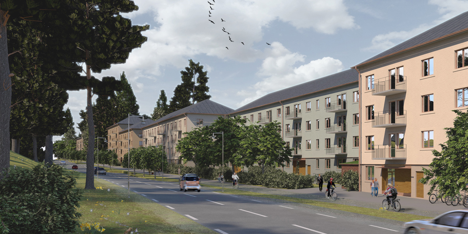 Flerbostadshus längs med gata, cyklar och bilar i rörelse på vägen, illustration.