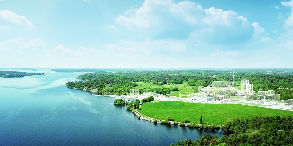 Flygvy över området från Mälaren, konturerna av ett värmeverk, illustration.