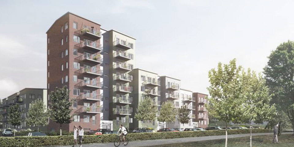Vy mot flerbostadshus i nivåer, i olika färger, grönska, gångväg, människor i rörelse, illustration.