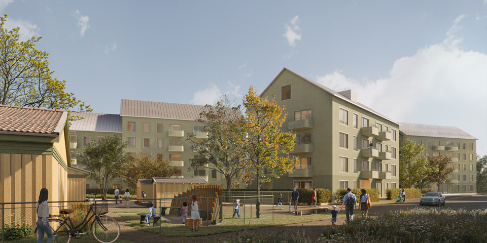 Område med flerbostadshus, människor i rörelse, träd, illustration.