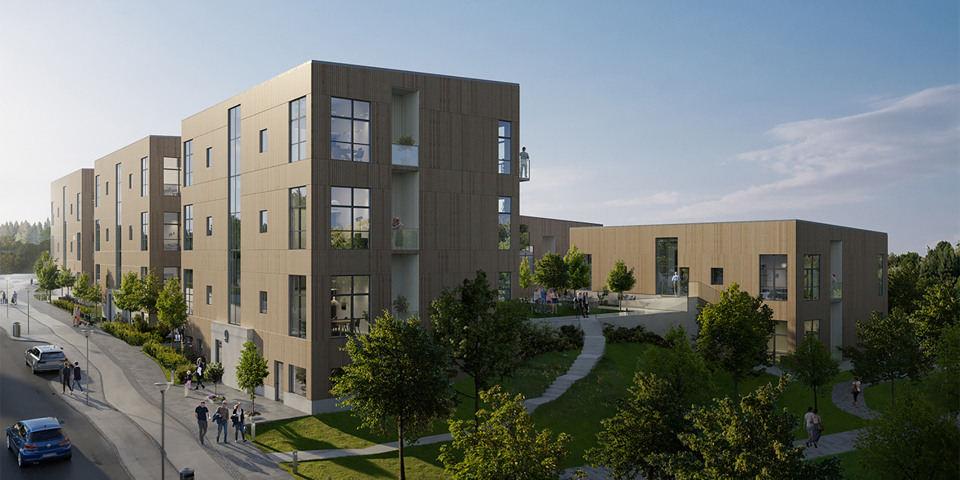 Grönskande bostadsområde, människor promenerar på gatan intill, illustration.