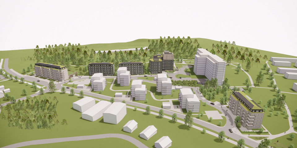 Flygvy över området med byggnader, vägar och träd, illustration.