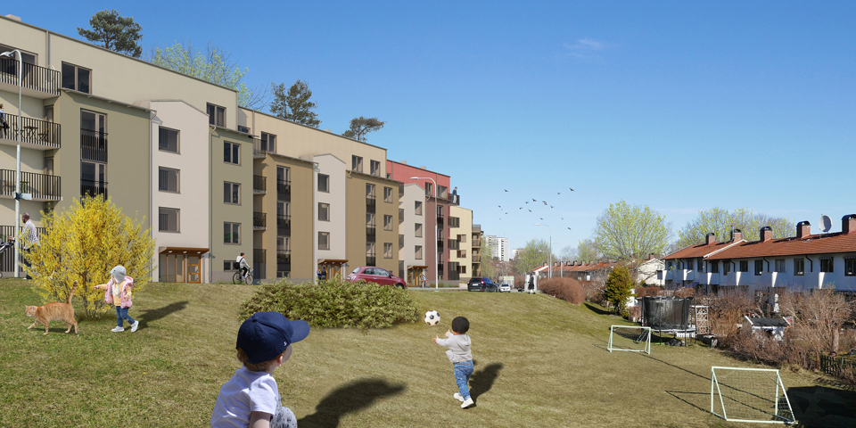 Gräsyta mellan flerbostadshus. Barn som leker, illustation.