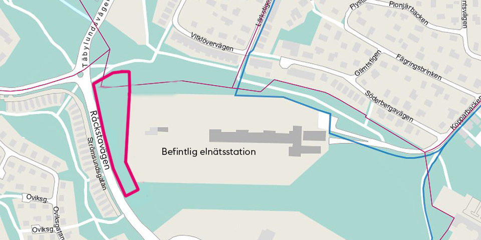 Översiktsbild, karta över området med ställverket inringat i rött.