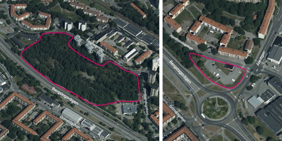 Översikt över platserna där ny bebyggelse föreslås, med rosa markering för planområdet.