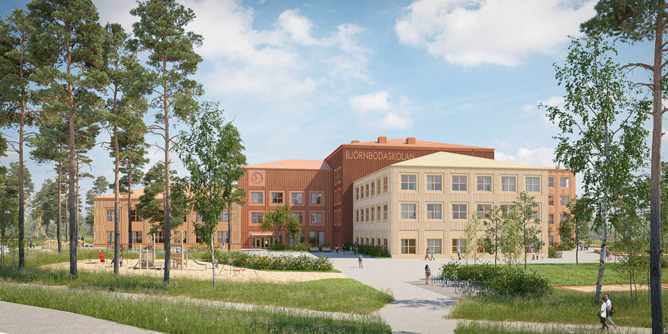 Vy mot skolbyggnad i etapper, skolgård, träd, barn i rörelse, illustration.