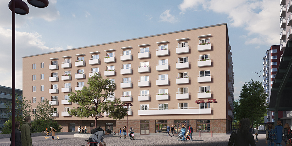 Bostadshus, torg, träd, människor som promenerar och cyklar. Illustration.