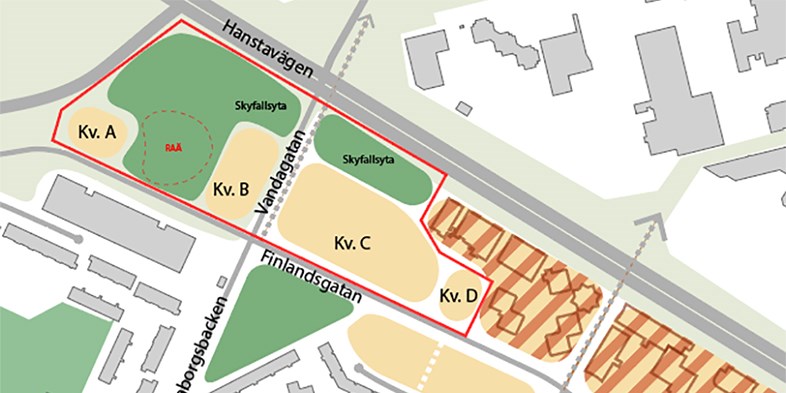 Översikt över området med planområdet markerat med röd linje.