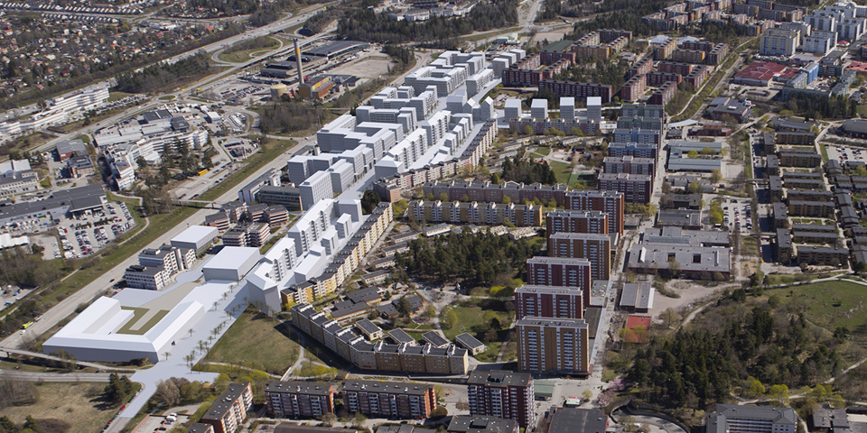 Ny bebyggelse vid Finlandsgatan sedd ovanifrån, illustration.