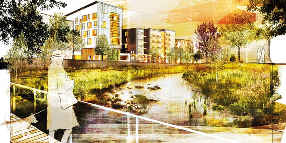 Person på bro med blicken mot å, flerbostadshus i bakgrunden, illustration.