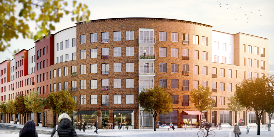 Vy mot flerbostadshus med rundat hörn, verksamheter på gatuplan, människor i rörelse, illustration.