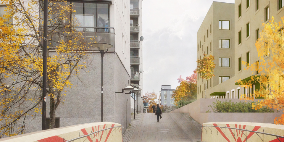 Gångbro mot bostadsområde, illustation.