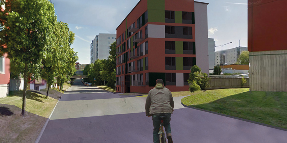 Vy längs med gata med flerbostadshus längs med, cyklist på vägen, fotomontage.