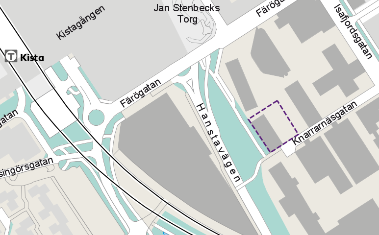 Kartbild över ett område i Kista söder om Jan Stenbecks torg. Planområdet är markerat med en lila streckad linje