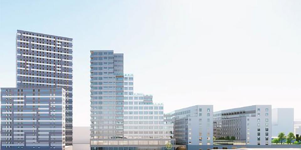 Vy mot flervåningsbyggnader i etapper, illustration.