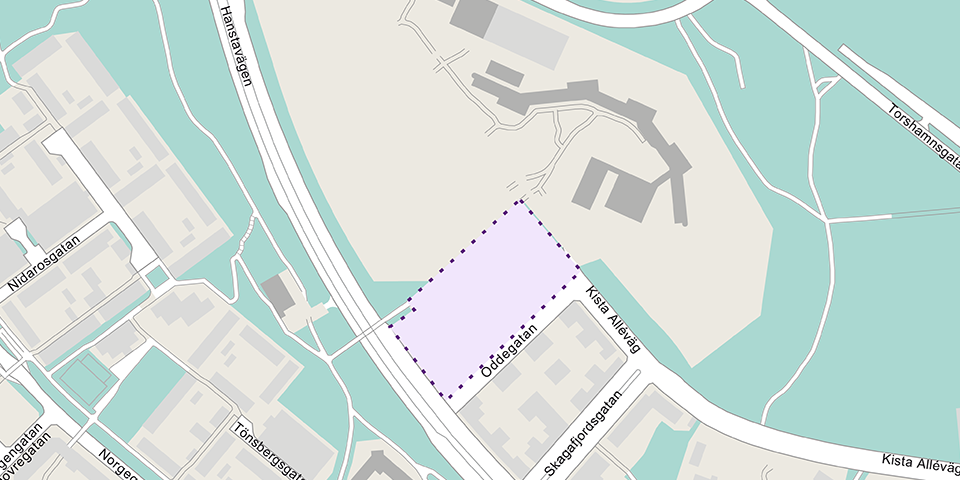 Vid Hanstavägen och Oddegatan planeras det för cirka 240 bostäder . Området är markerat, kartbild.