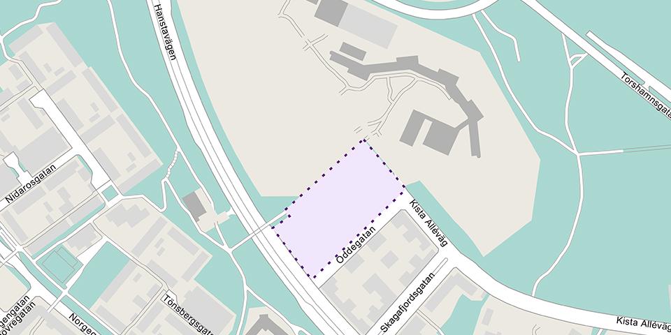 Vid Hanstavägen och Oddegatan planeras det för cirka 240 bostäder . Området är markerat, kartbild.
