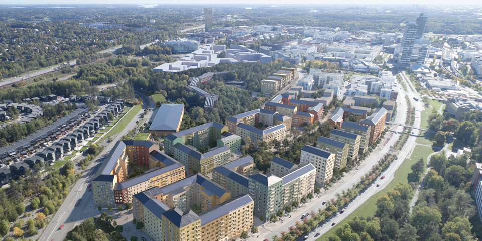 Flervånings bostadshus som ligger vid allé och bilväg. Omgivande gräsmattor och träd. Illustration.
