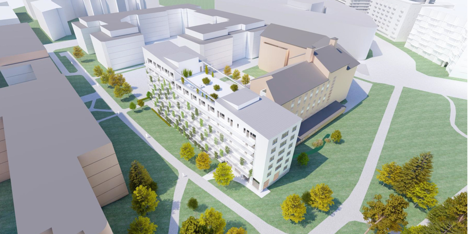 Flygvy över området med ny bebyggelse, 3D-illustration.