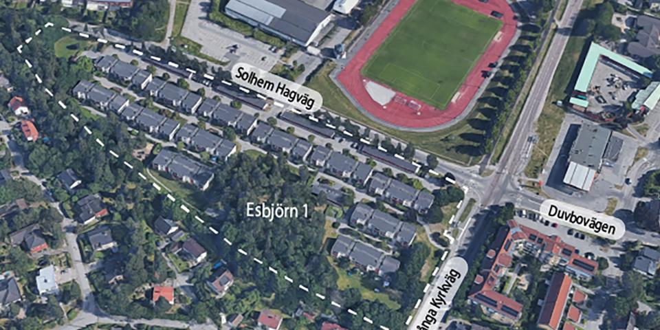 Översikt över området med ungefärligt planområde markerat med vitt.